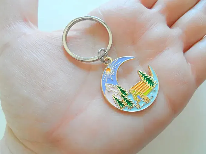 Camping Keychain; Mountain, Trees, & Cabin Scene Moon Shaped Charm Keychain