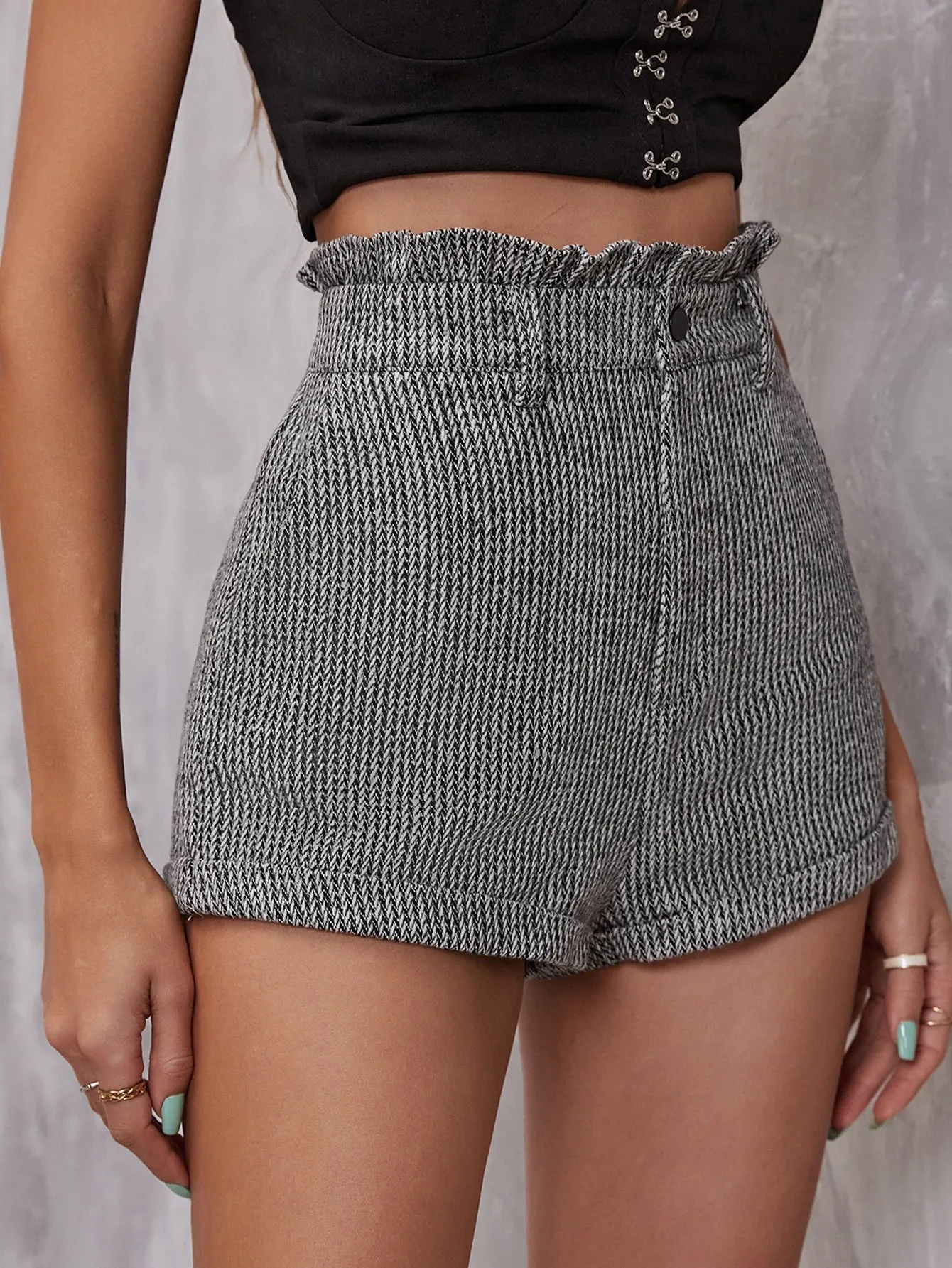 Casual Chevron Paper Bag Waist High Waist Women Shorts