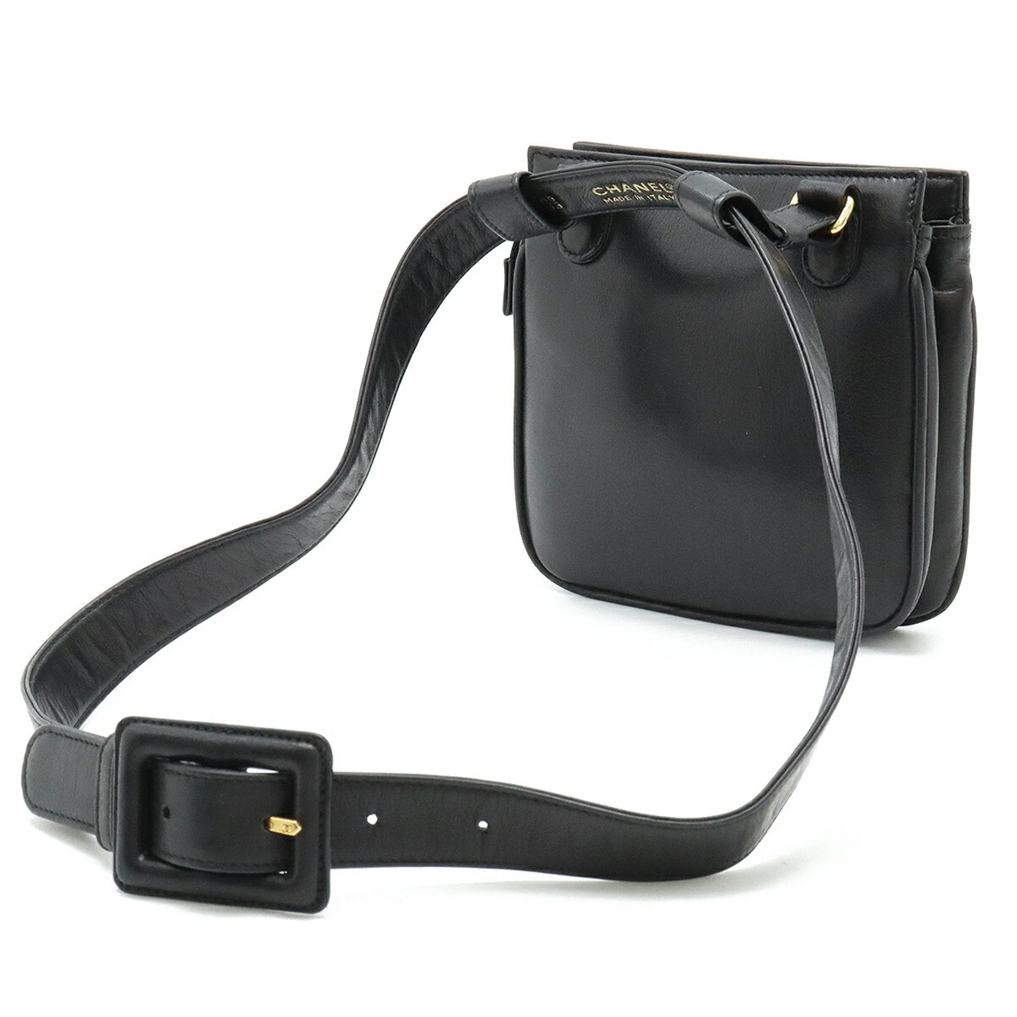 CHANEL Coco Mark Waist Bag, Pouch, Body Belt Leather, Black #85