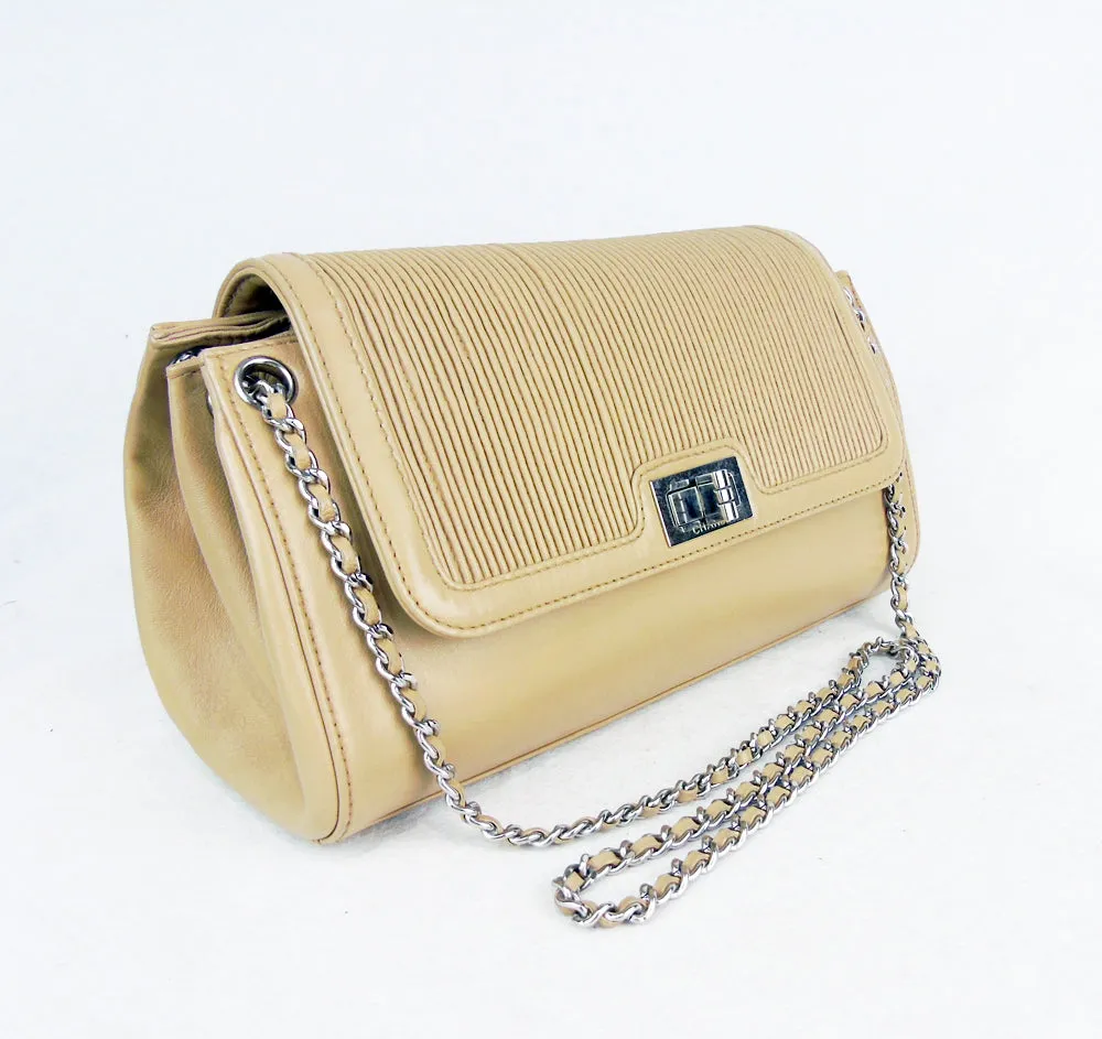 CHANEL cream beige pintuck leather flapbag mademoiselle lock