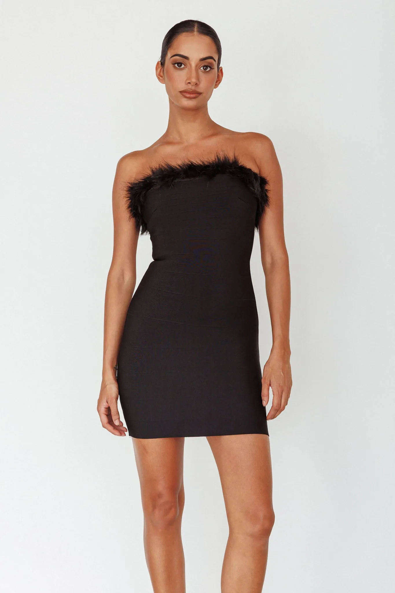 Cherri Fur Trim Mini Dress Electric Black