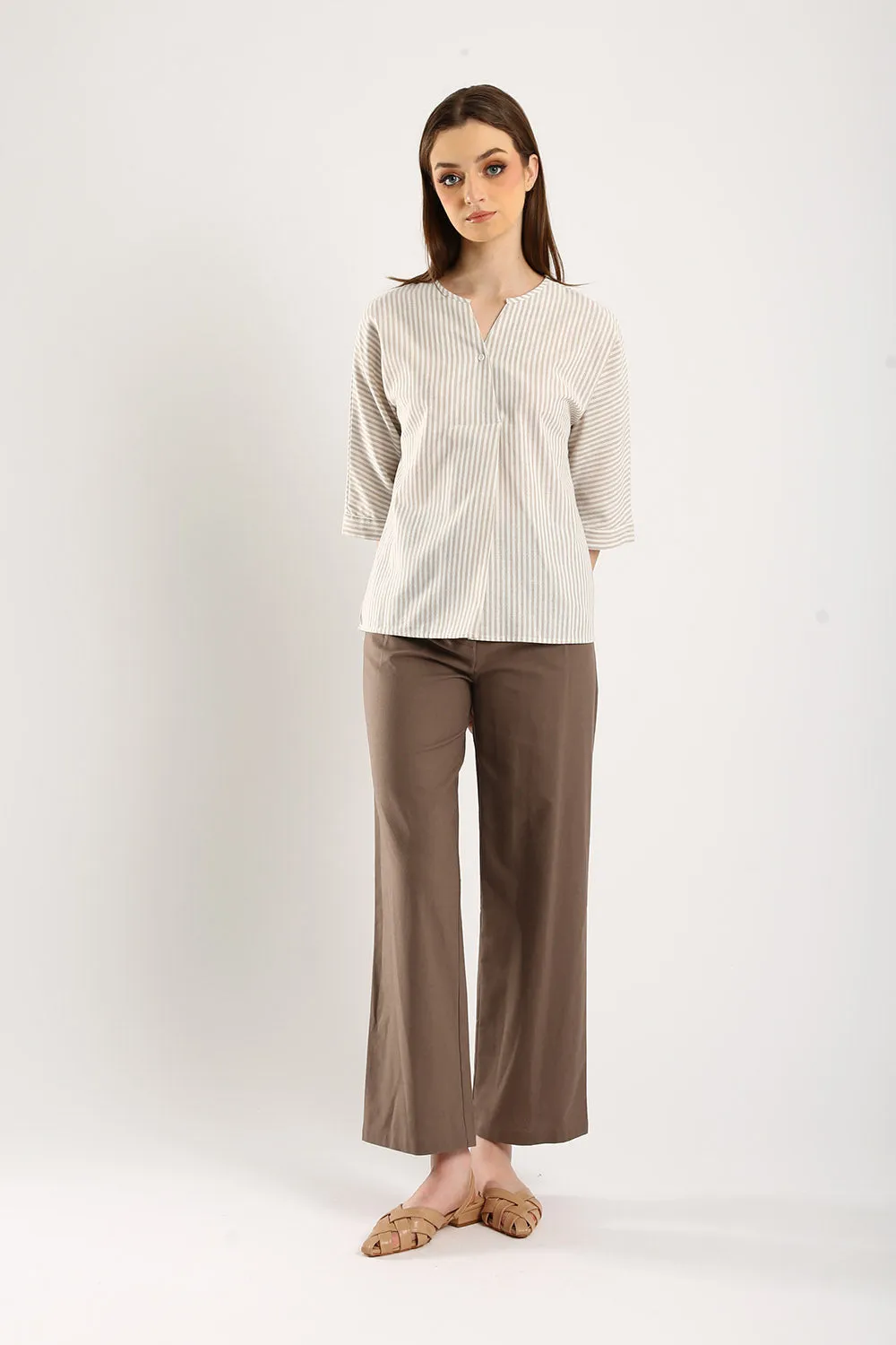 Classic Striped Linen Top in Apricot