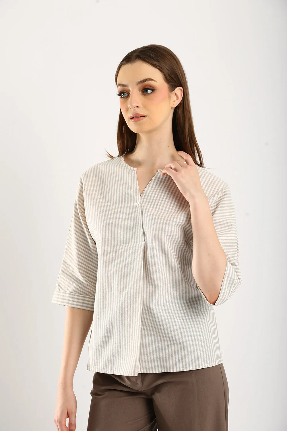 Classic Striped Linen Top in Apricot
