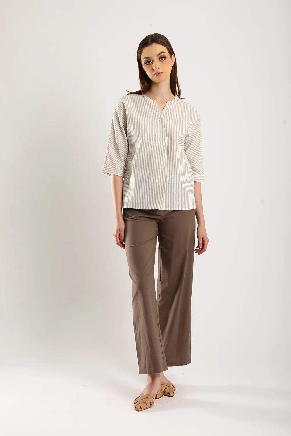 Classic Striped Linen Top in Apricot
