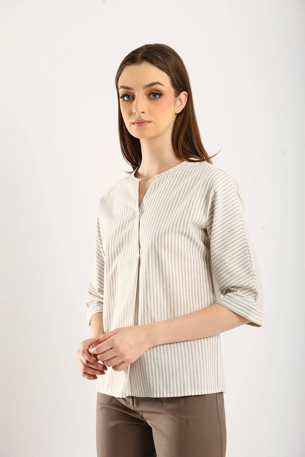 Classic Striped Linen Top in Apricot