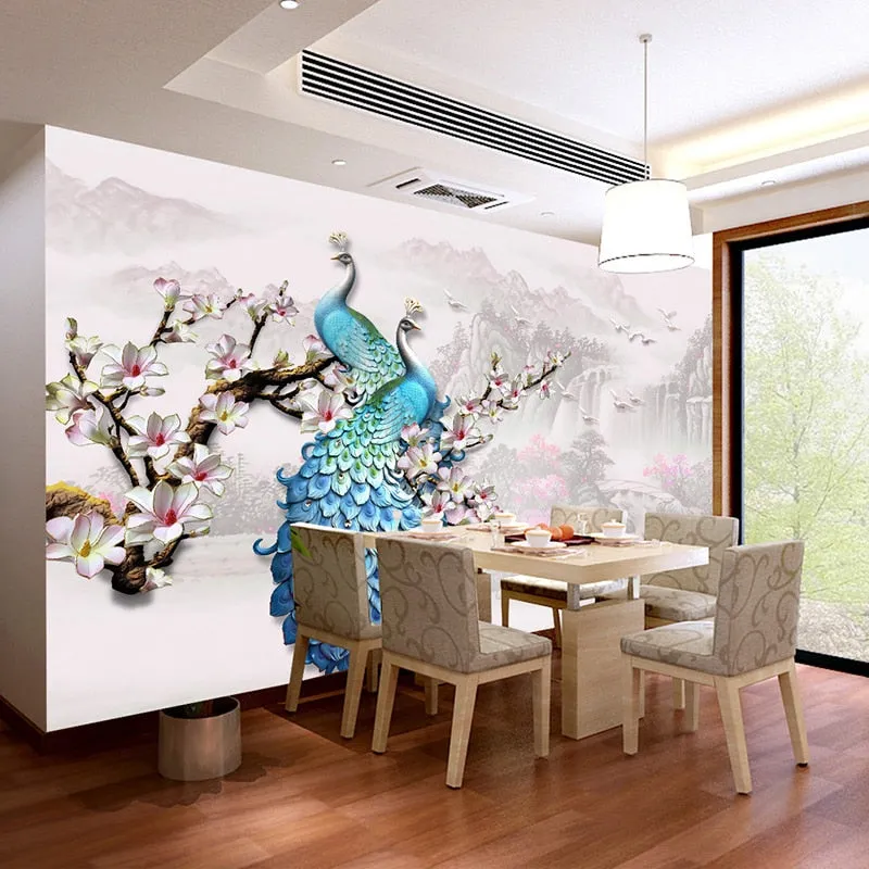 Custom Wallpaper Mural European Style Blue Peacock (㎡)