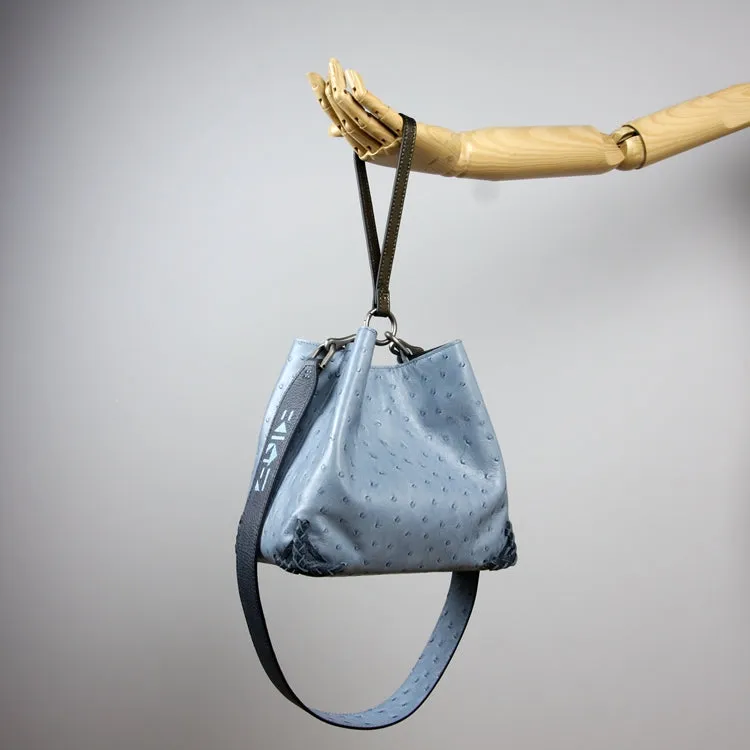 Dark Blue Womens Leather Bucket Shoulder Purse Womens Barrel Leather Handbag Shoulder Bag for Ladies