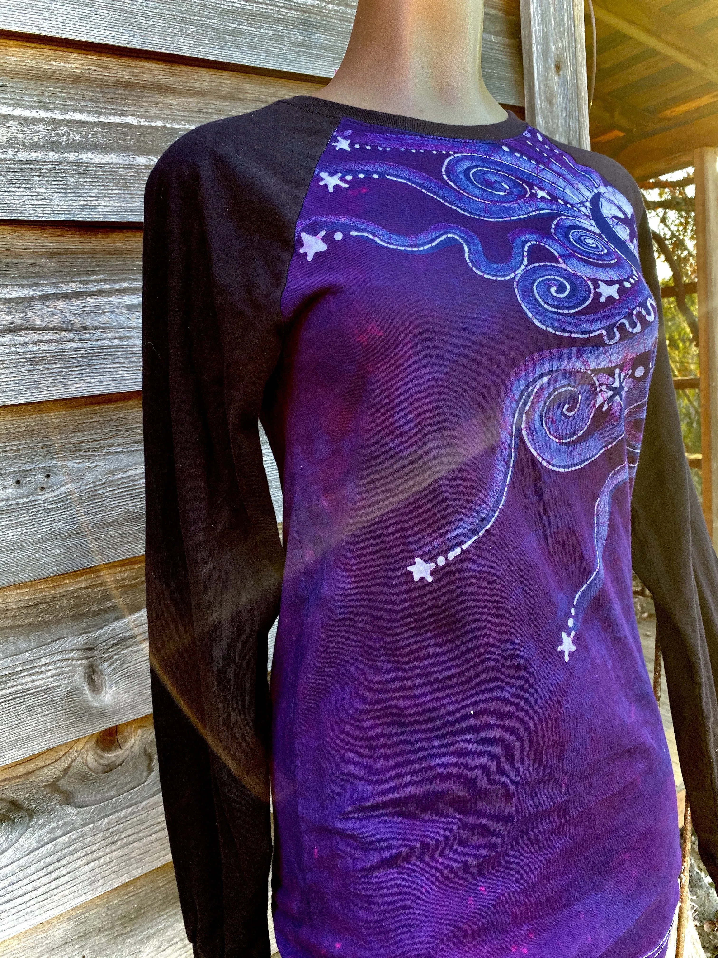 Dark Magenta Jeweled Moonbeams Black Raglan Long Sleeve Batik Top by Batikwalla - Size Small ONLY