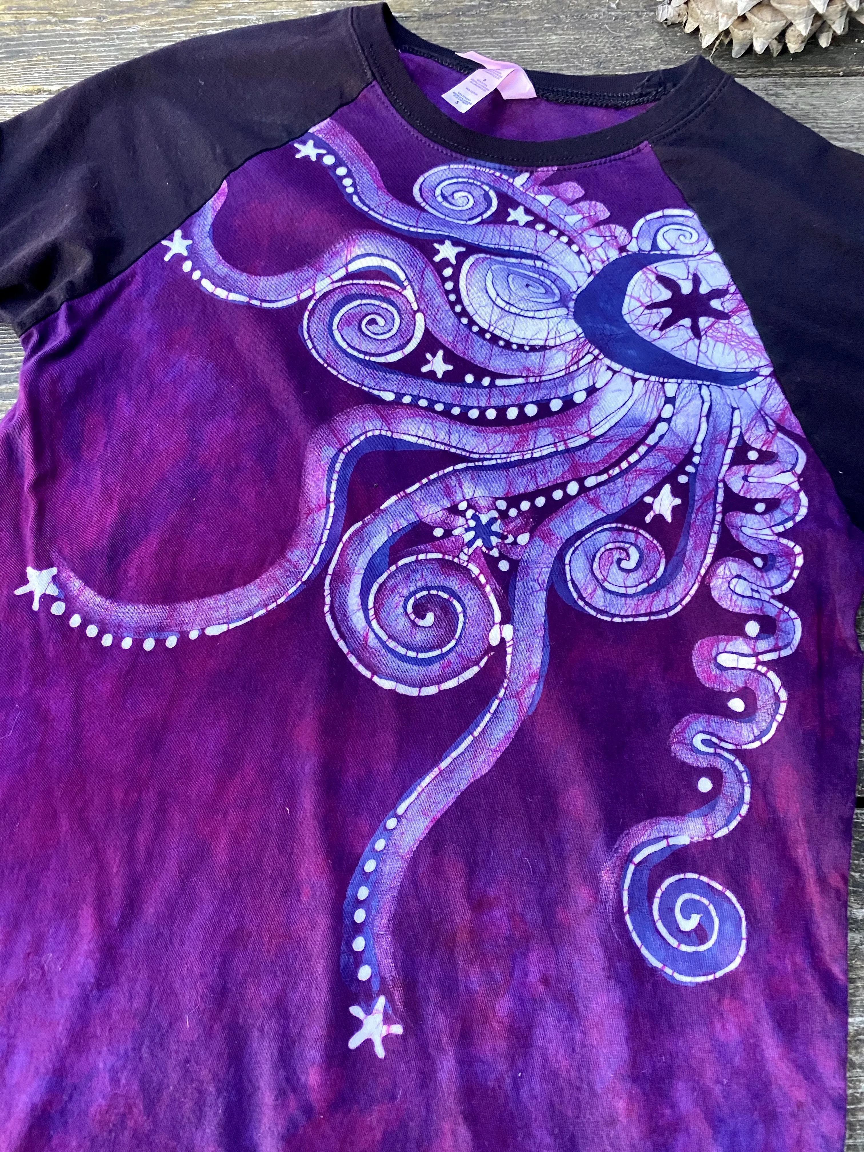 Dark Magenta Jeweled Moonbeams Black Raglan Long Sleeve Batik Top by Batikwalla - Size Small ONLY