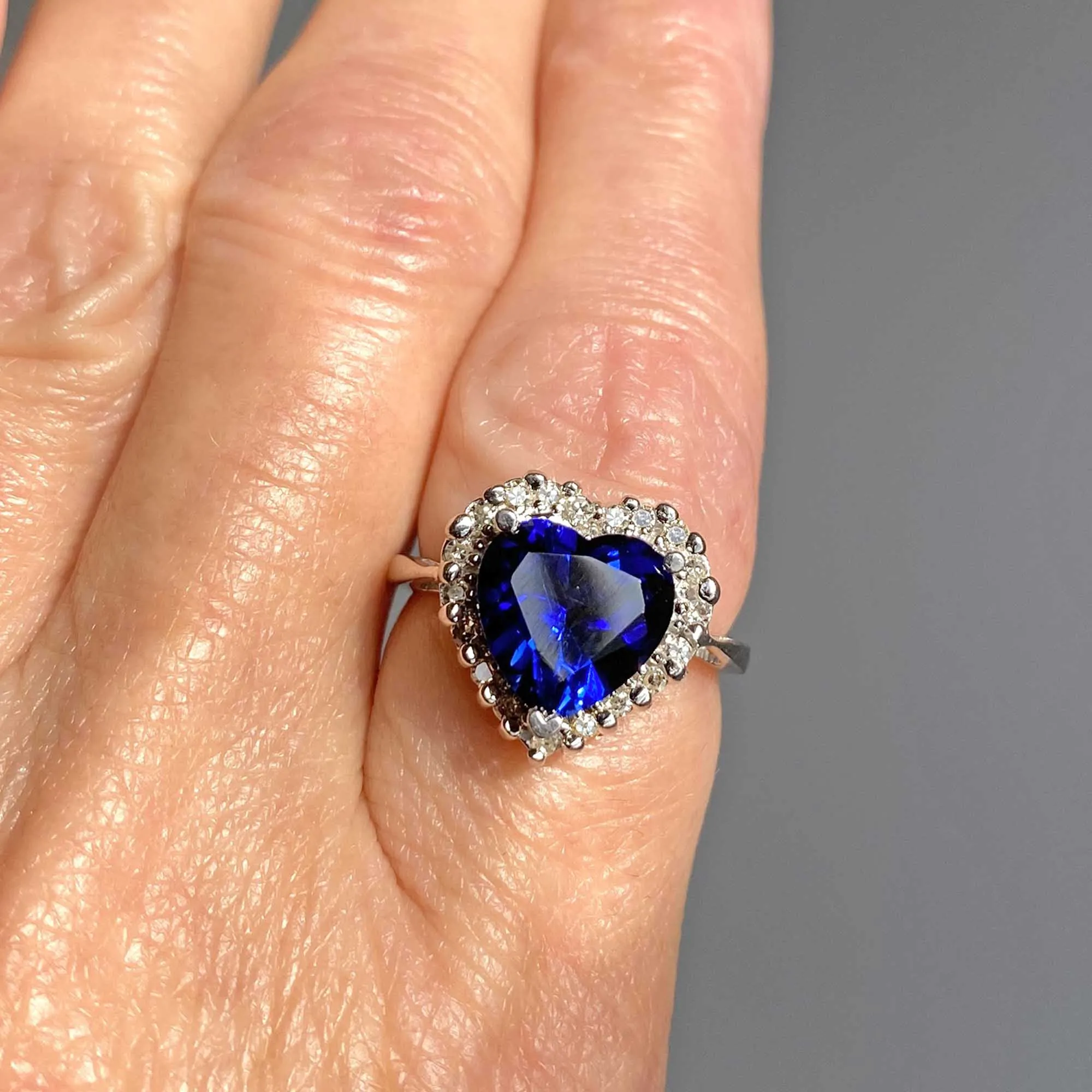 Diamond Halo Sapphire Heart Ring in 14K White Gold