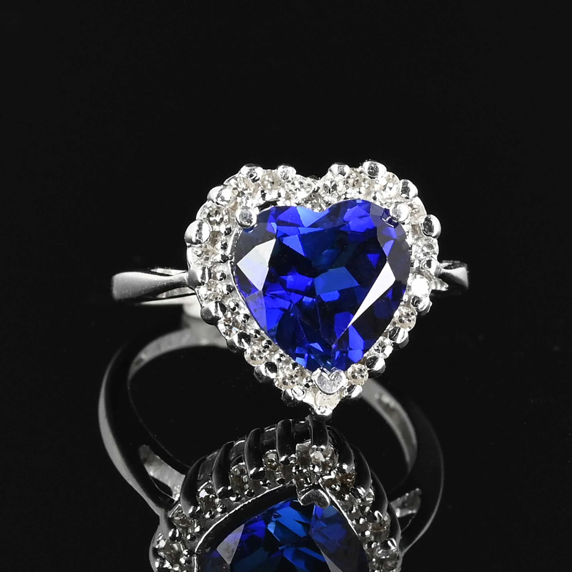 Diamond Halo Sapphire Heart Ring in 14K White Gold