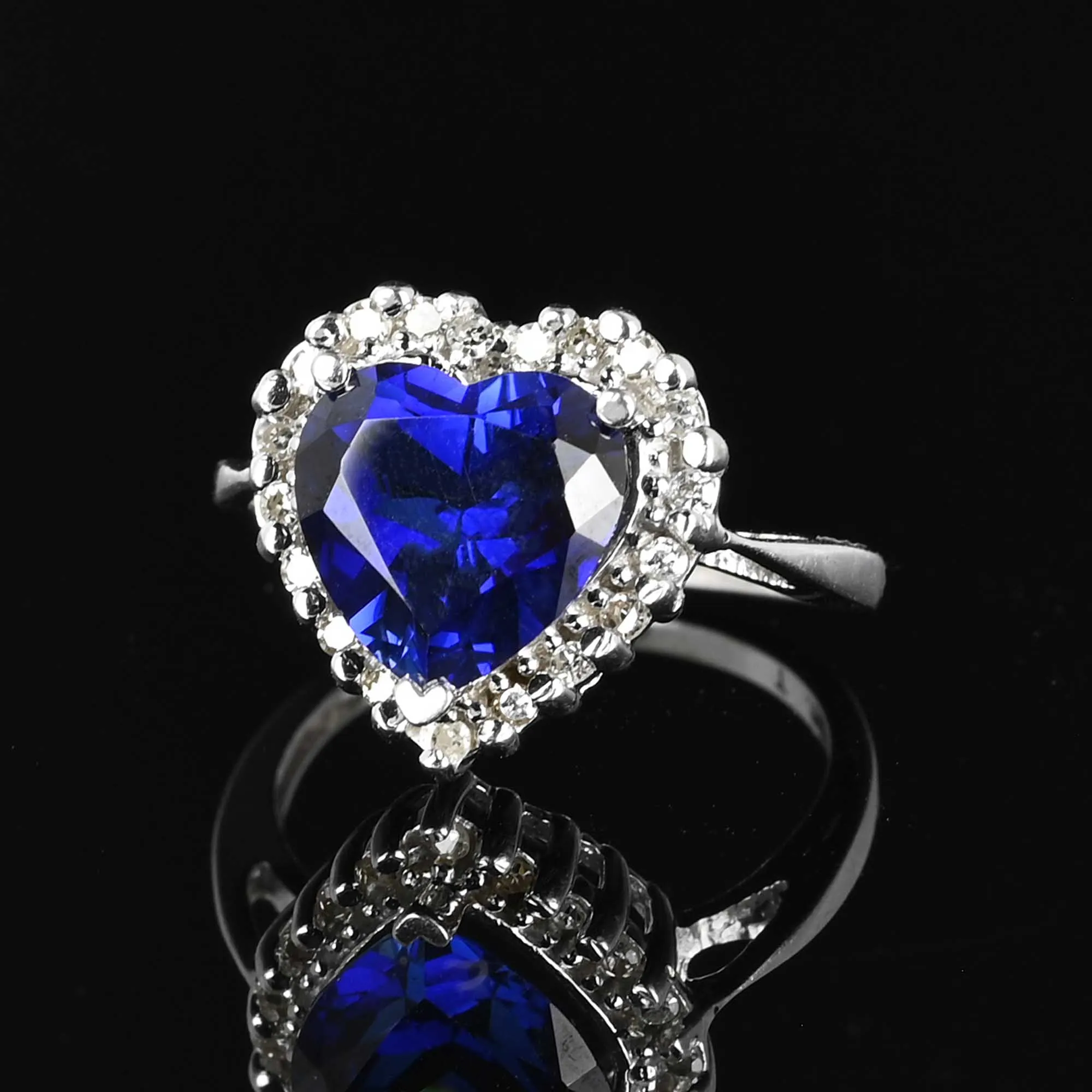 Diamond Halo Sapphire Heart Ring in 14K White Gold