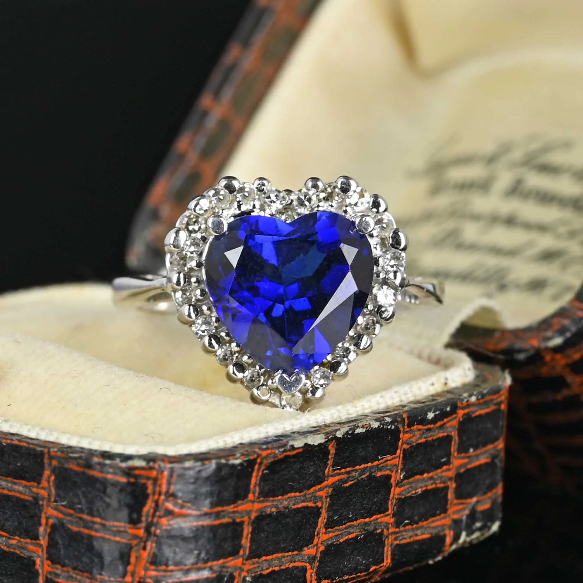 Diamond Halo Sapphire Heart Ring in 14K White Gold