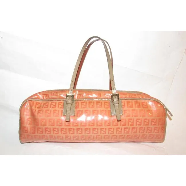 Fendi Limited Edition East To West Style Purses Orange F Logo Printtaupe Coated Canvas And Leather S