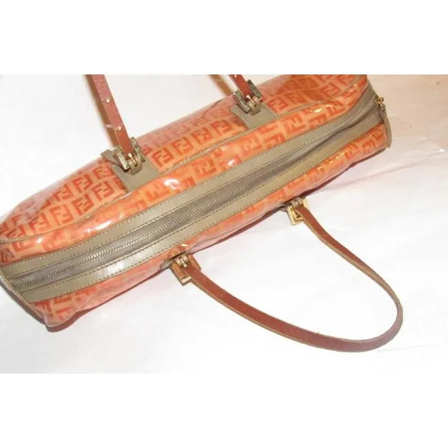 Fendi Limited Edition East To West Style Purses Orange F Logo Printtaupe Coated Canvas And Leather S