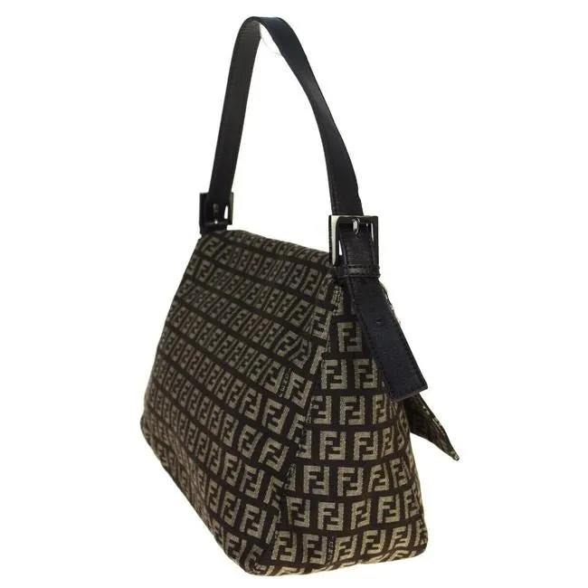Fendi Mamma Zucco Envelope Top Black W Silver Zucchino Print Canvas And Leather Shoulder Bag