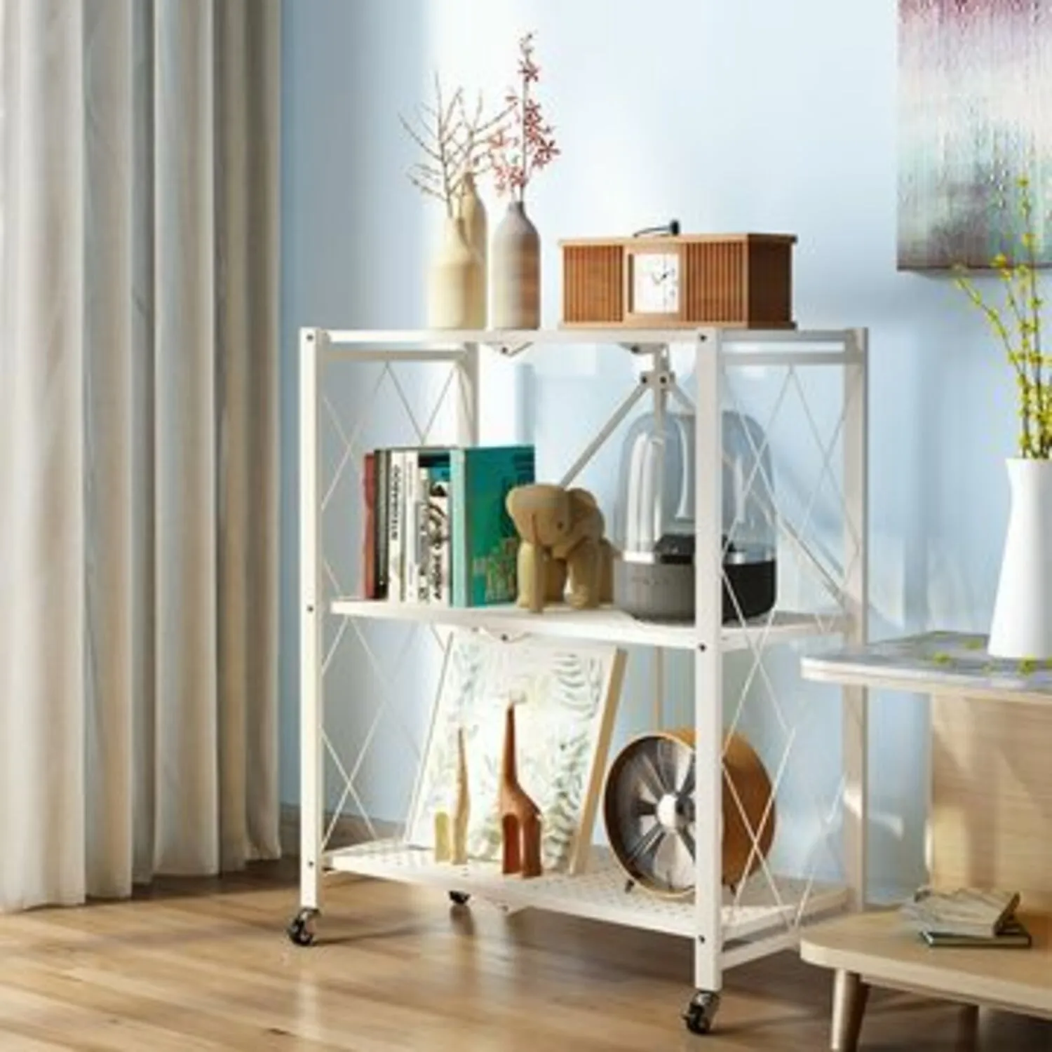 Foldable 3 Tier Storage Shelf, Carbon Steel, White - EKKIO