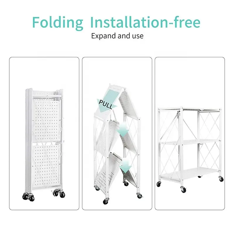 Foldable 3 Tier Storage Shelf, Carbon Steel, White - EKKIO