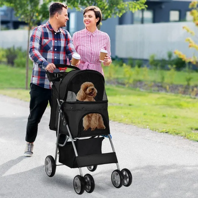 Foldable 4-Wheel Stroller with Storage Basket For Dogs and Cats