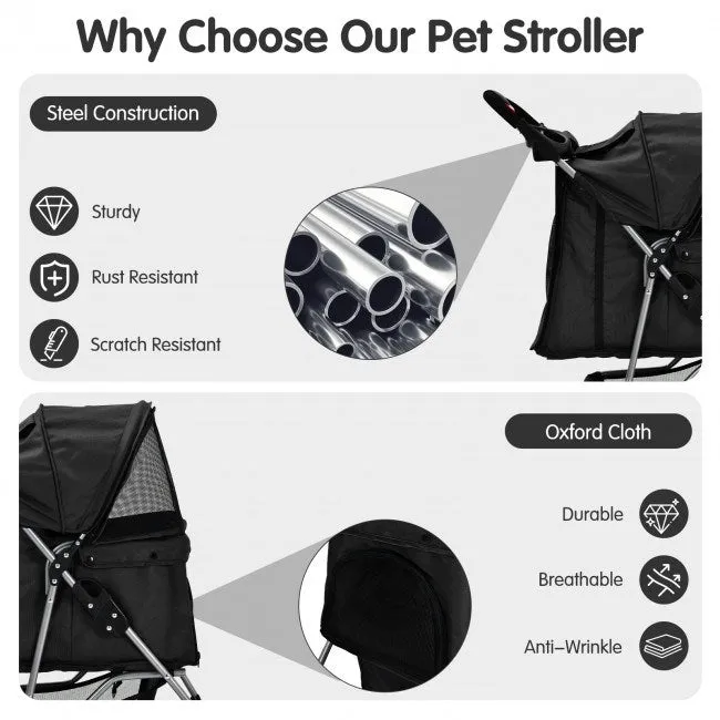 Foldable 4-Wheel Stroller with Storage Basket For Dogs and Cats