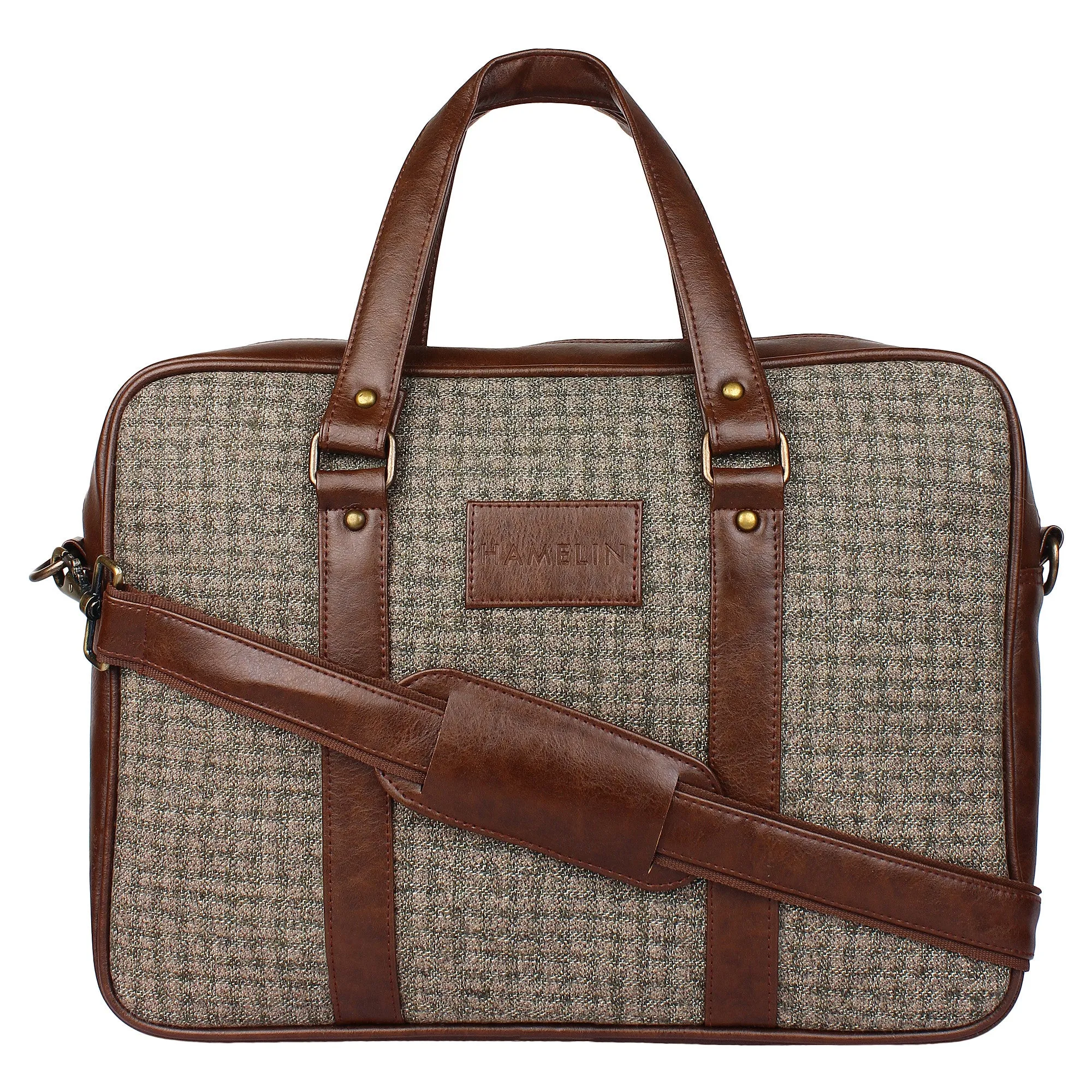 Foliage Check - Tweed and Vegan Leather Laptop Bag
