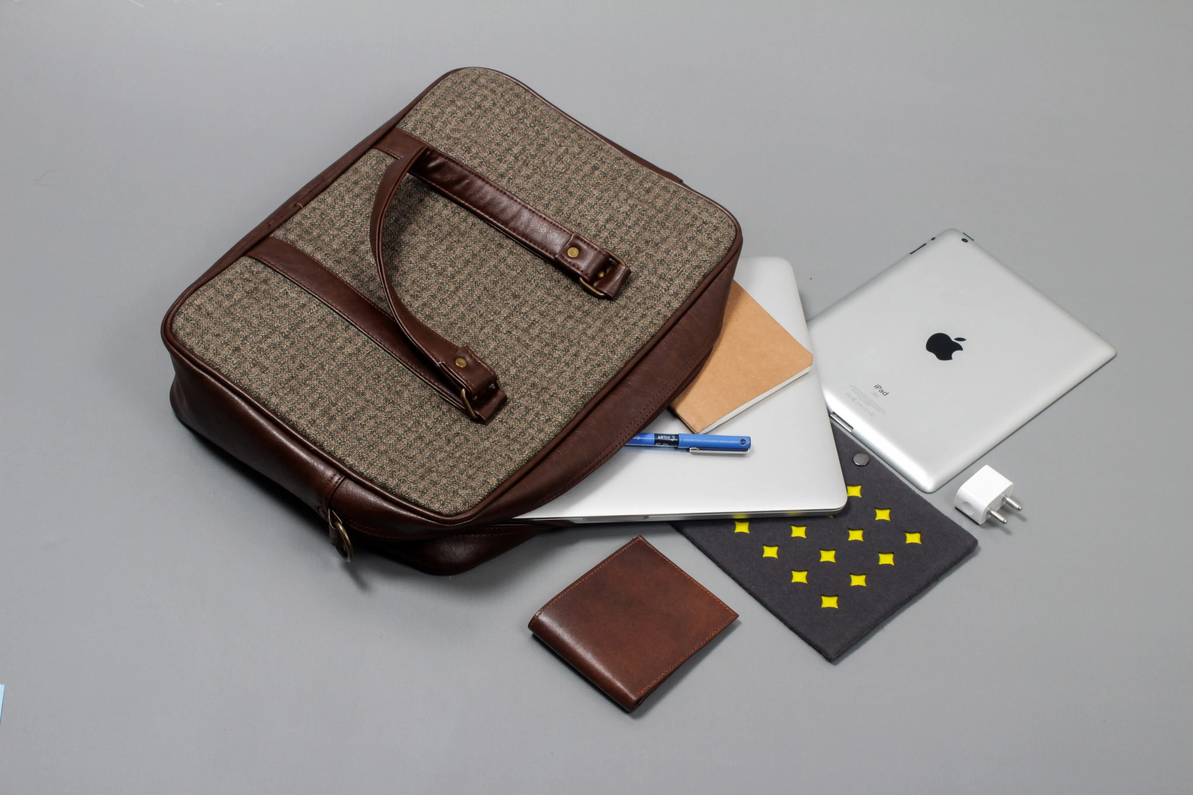 Foliage Check - Tweed and Vegan Leather Laptop Bag