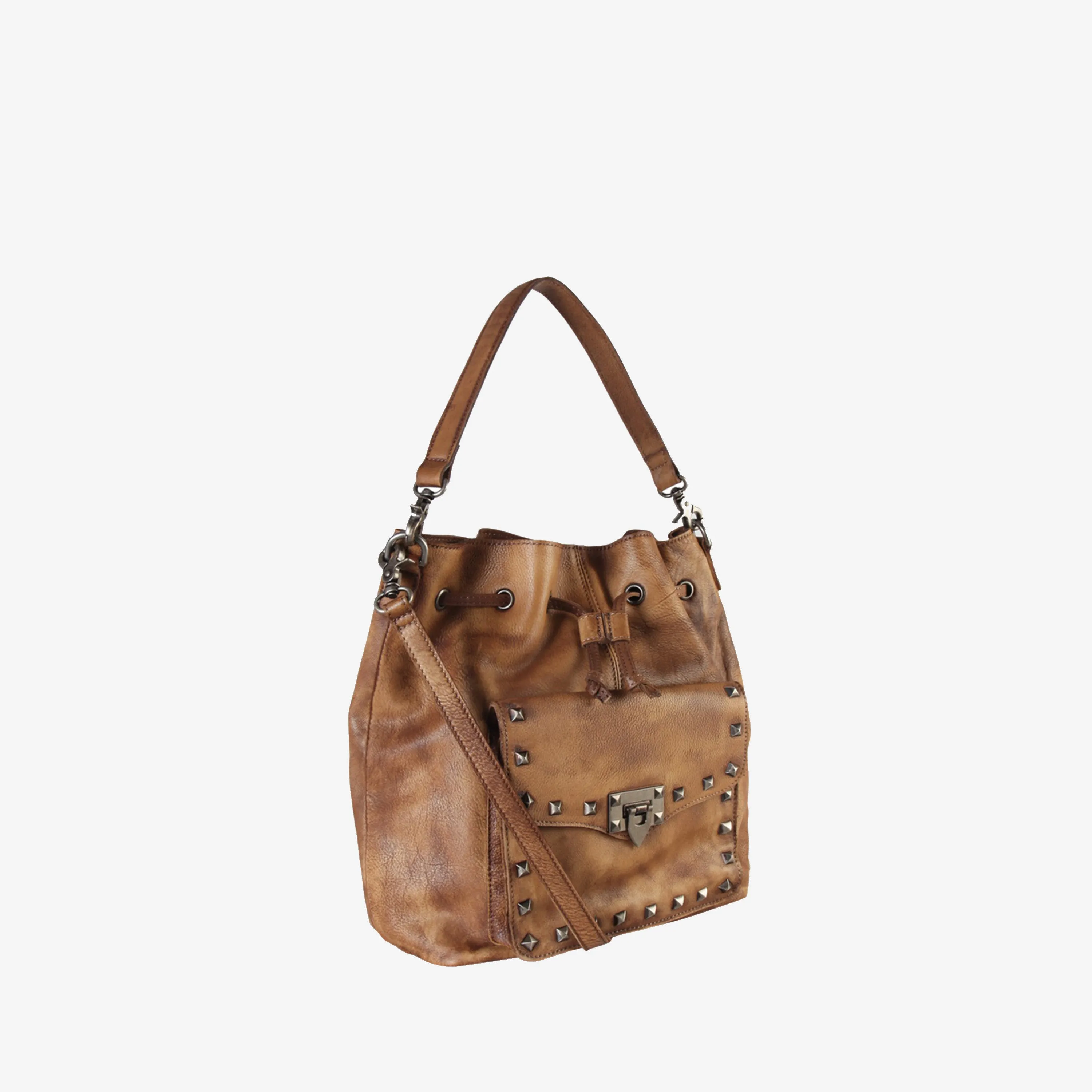 Genuine Leather Front Turn Lock Pocket Bucket