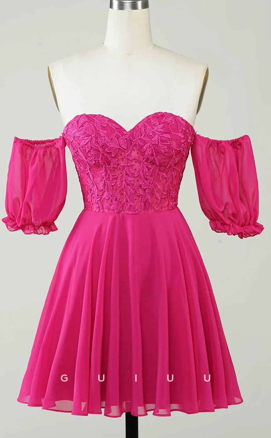 GH606 - Sexy & HotA-Line Off-Shoulder Sweetheart Appliques Open Back Homecoming Dress