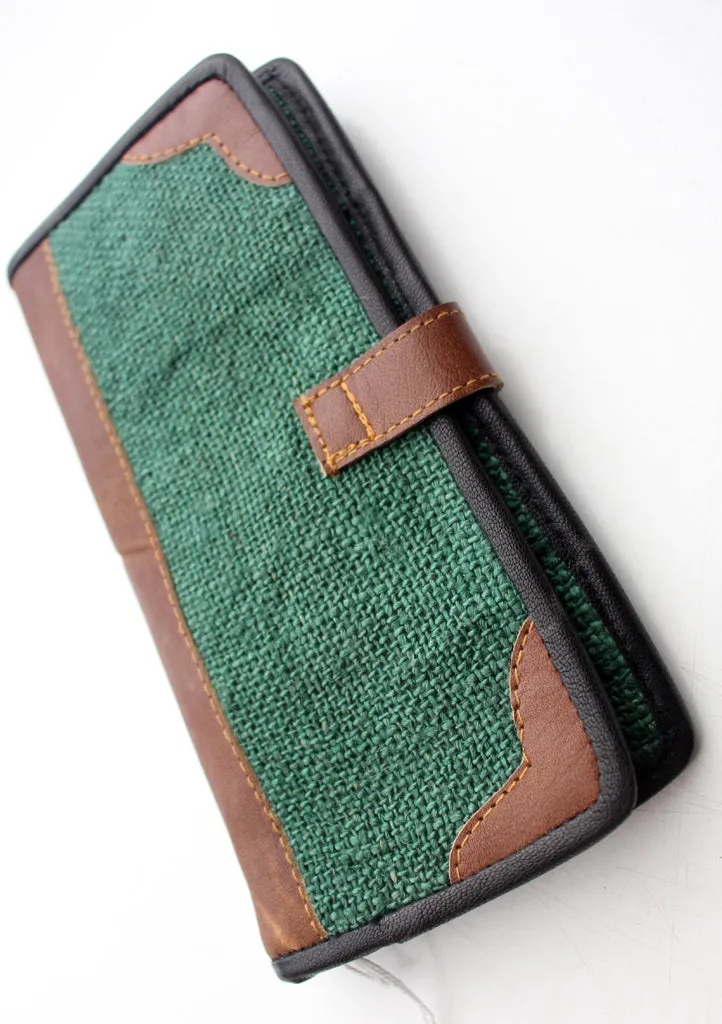 Green Hemp Clutch Purse with Leather Edging, Women Hand Purse