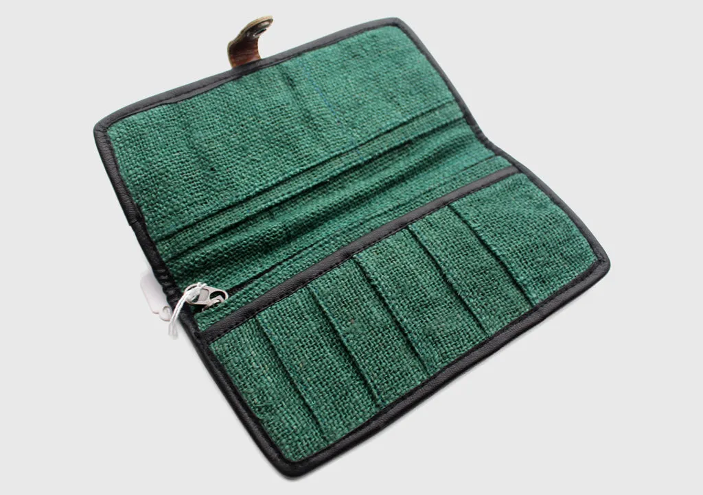 Green Hemp Clutch Purse with Leather Edging, Women Hand Purse