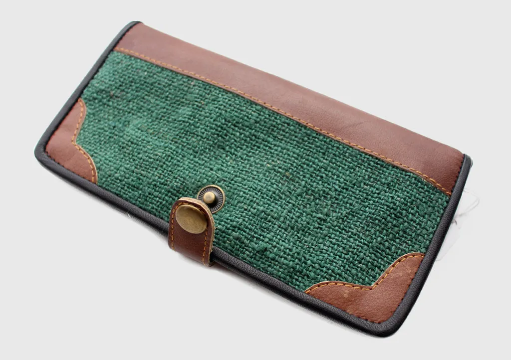 Green Hemp Clutch Purse with Leather Edging, Women Hand Purse