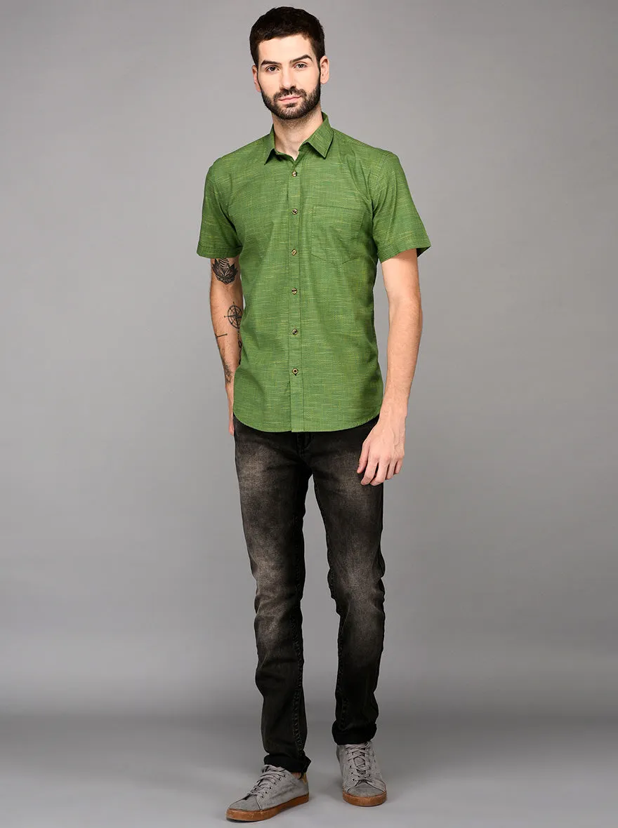 Green Self Textured Slim Fit Casual Shirt | JadeBlue