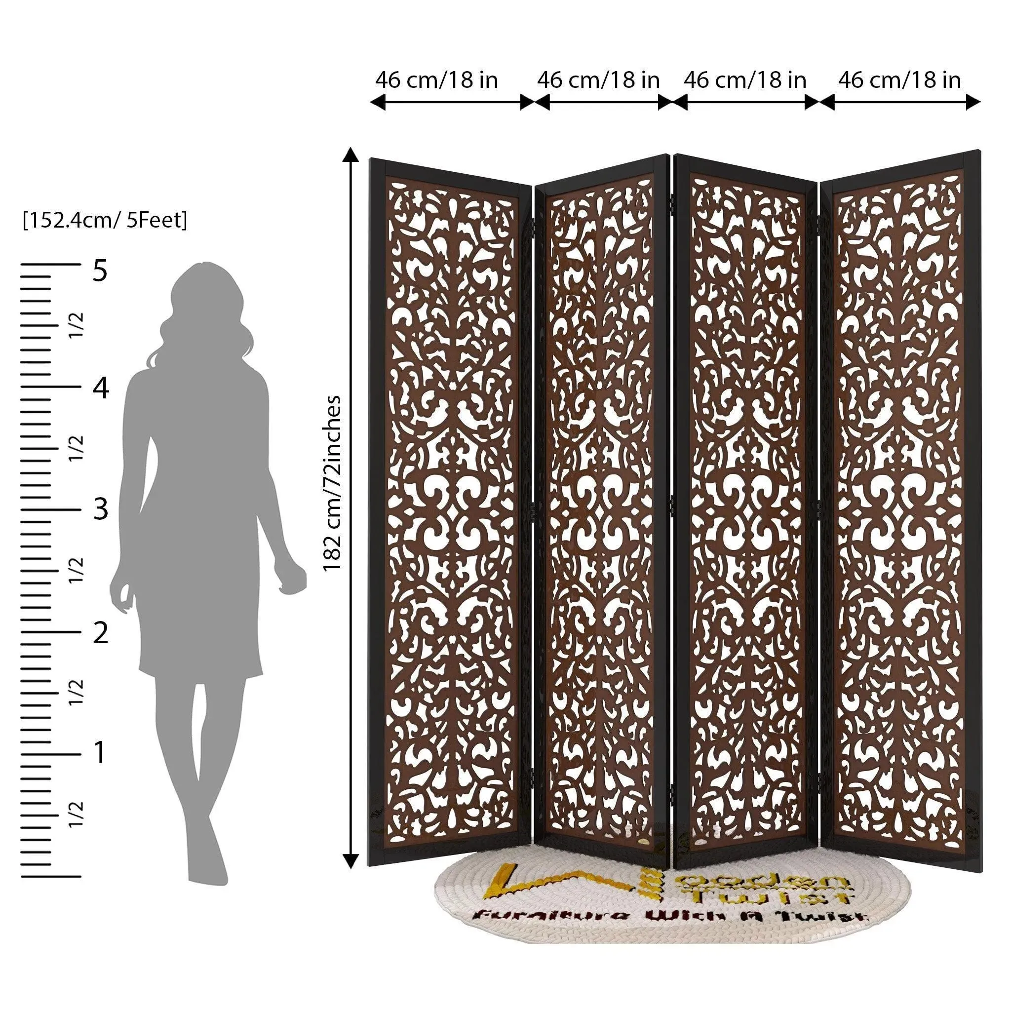 Handcrafted 4 Panel Wooden Room Partition & Room Divider (Dark Brown)