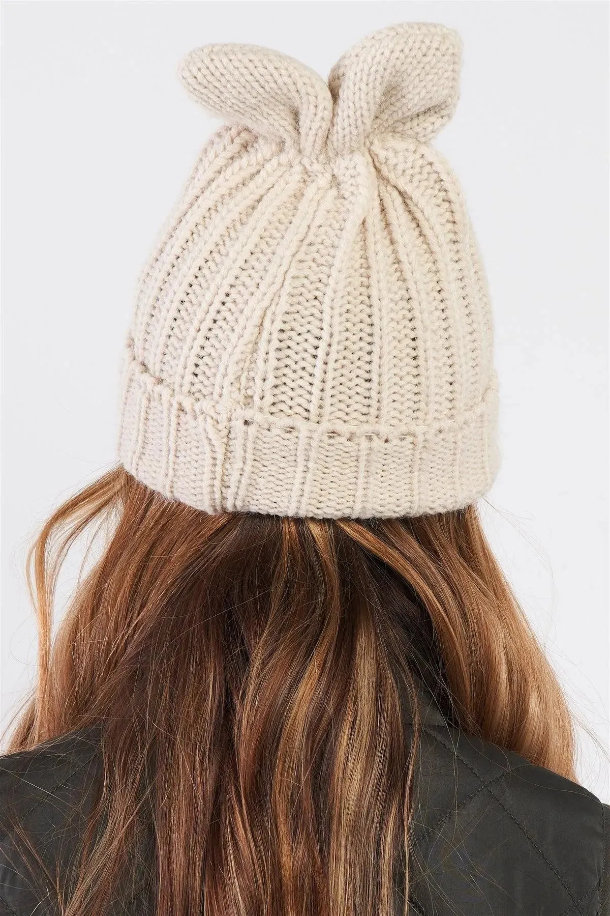 Ivory Bunny Ears Detail Woven Winter Beanie /3 Pieces