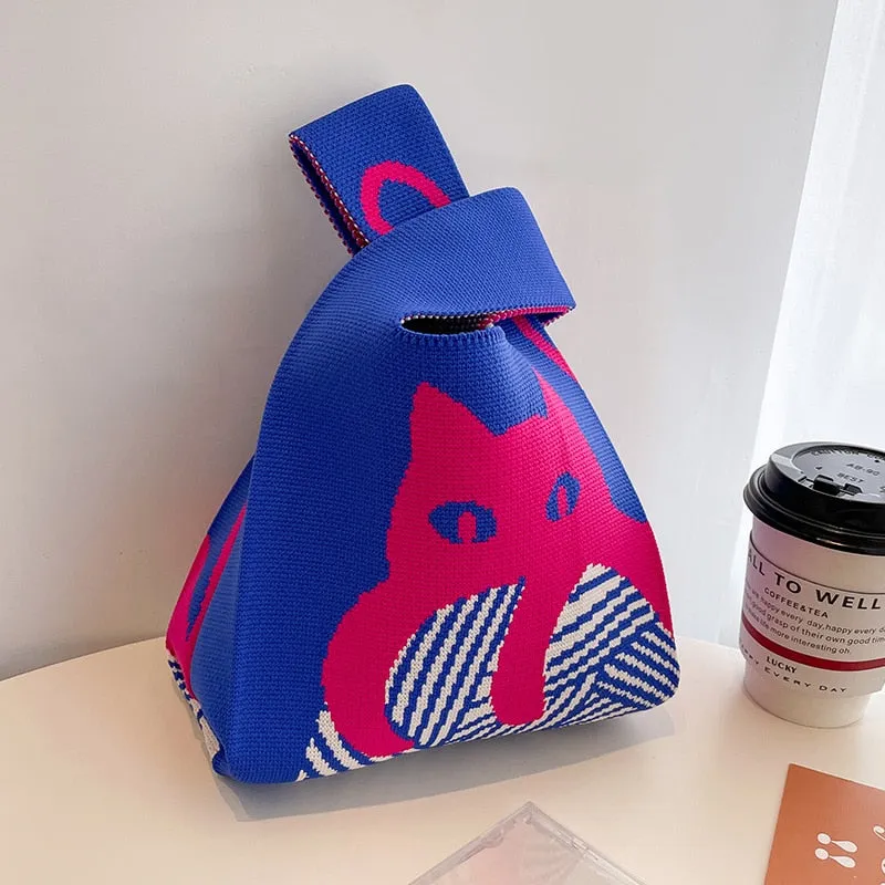 Japanese Cat Print Mini Knot Wrist Bag