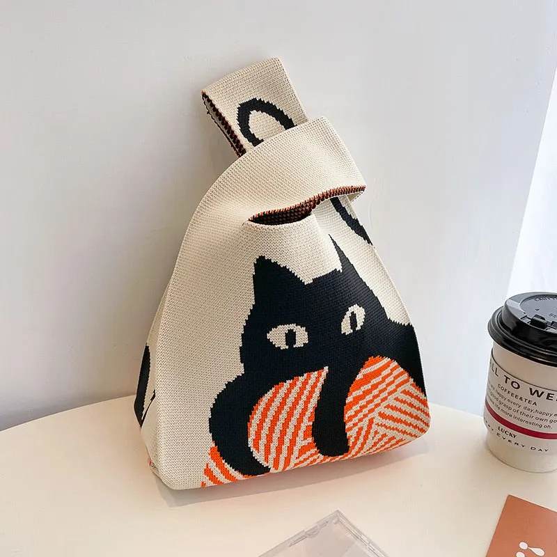 Japanese Cat Print Mini Knot Wrist Bag