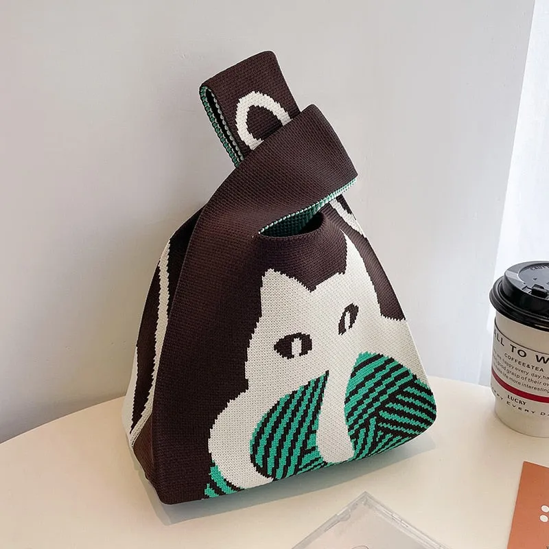 Japanese Cat Print Mini Knot Wrist Bag