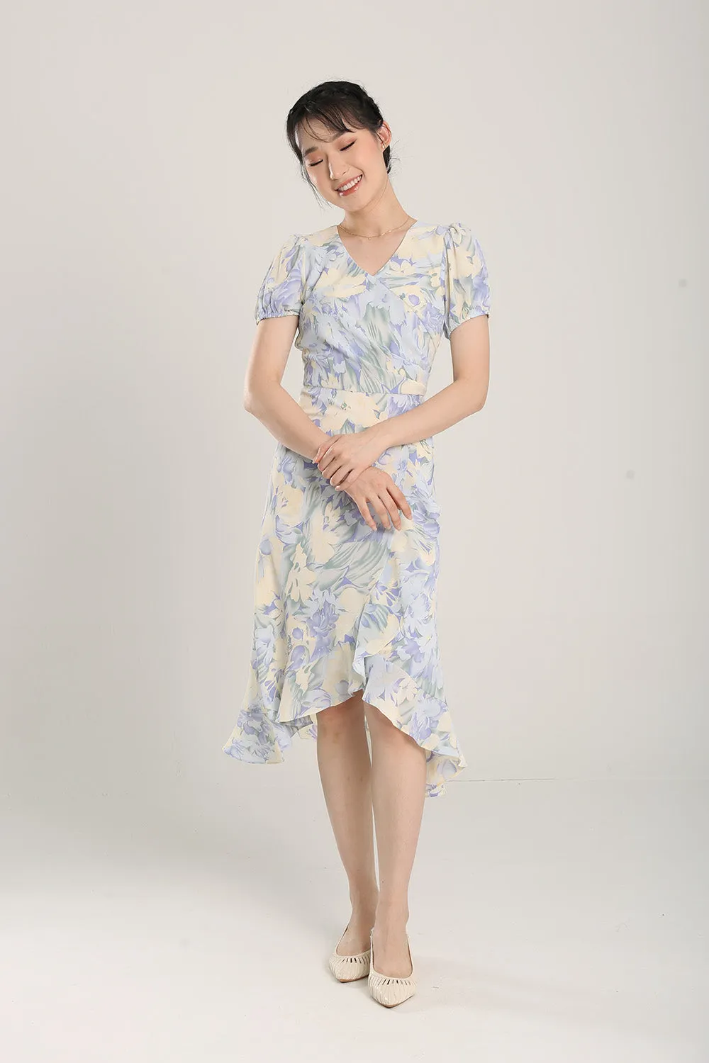 Jica Floral Print Midi Dress in Lavender