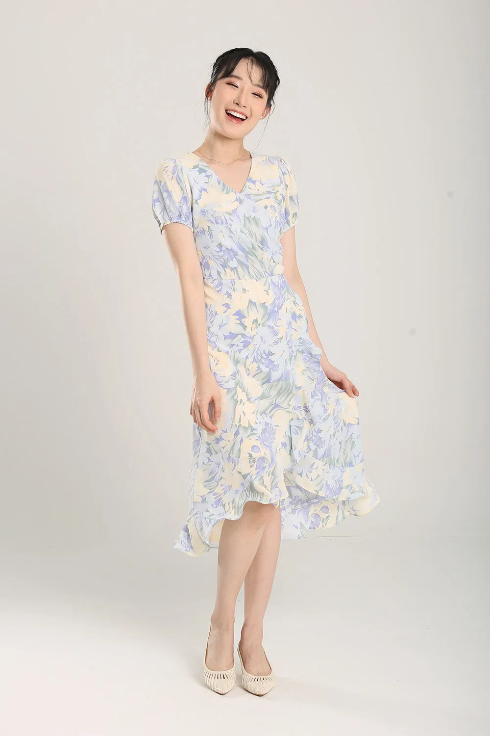 Jica Floral Print Midi Dress in Lavender
