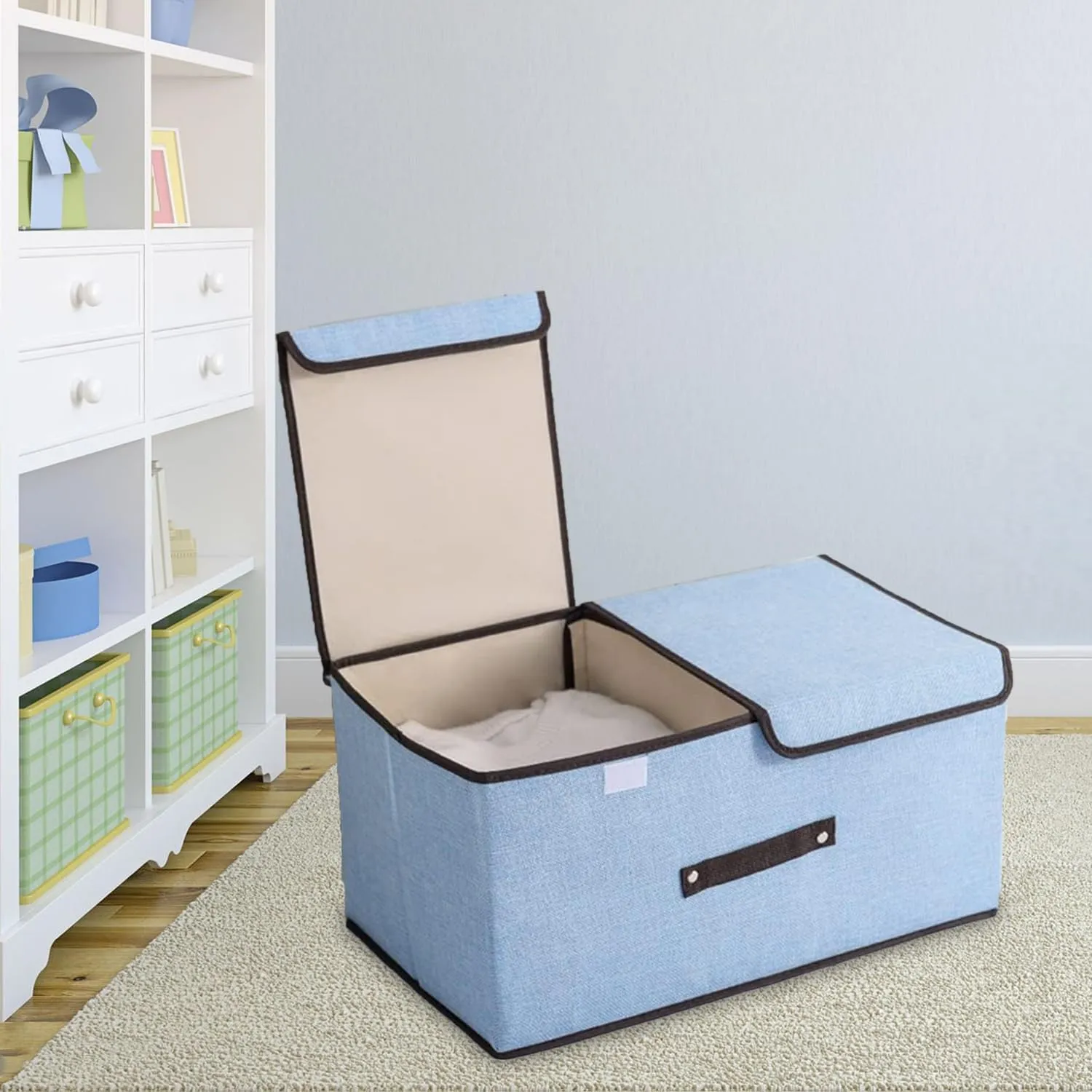 Kuber Industries Double Lid Foldable Storage Box|Toys Storage Bin|Wardrobe Organizer For Clothes|Front Handle & Stackable Pack Of-2 (Blue)