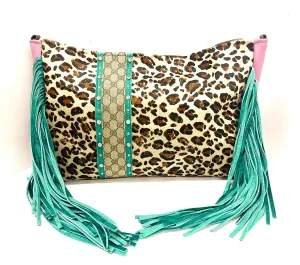 Leather Tote in leopard with pink sides strip of GG in turquoise and Rhinestones