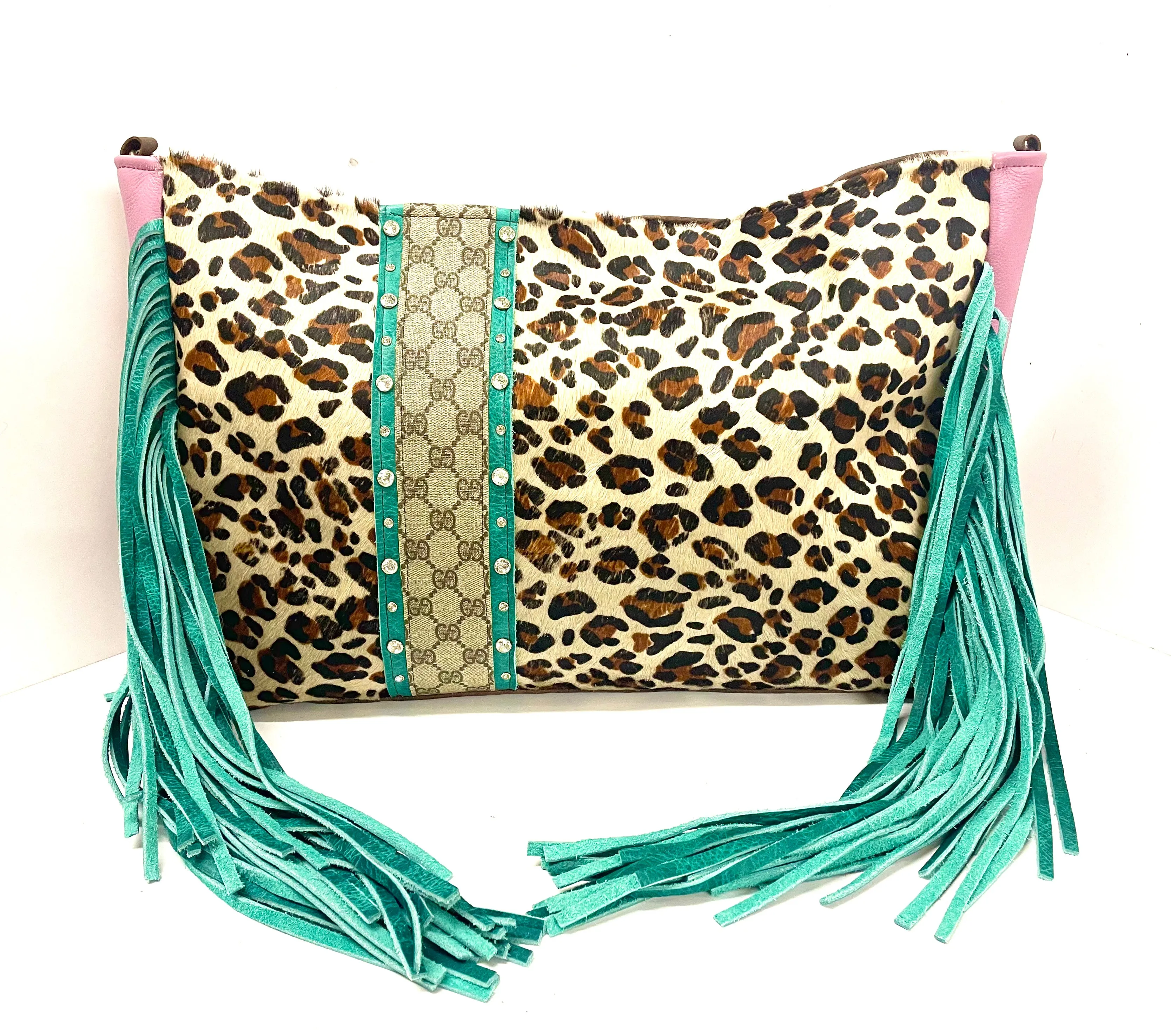 Leather Tote in leopard with pink sides strip of GG in turquoise and Rhinestones