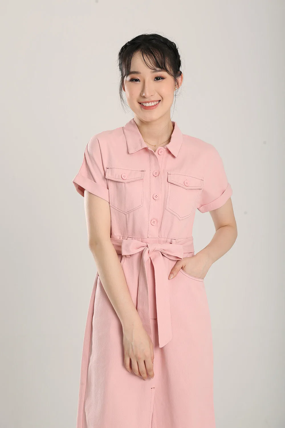 Lisbon Midi Denim Dress in Light Pink