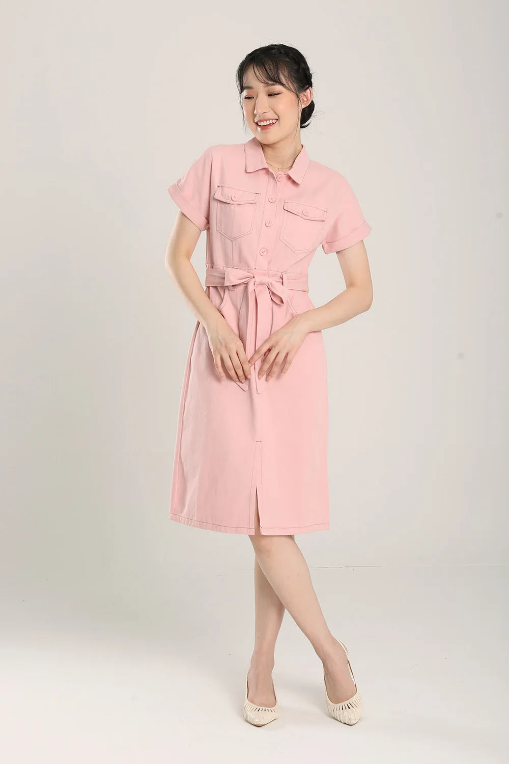 Lisbon Midi Denim Dress in Light Pink
