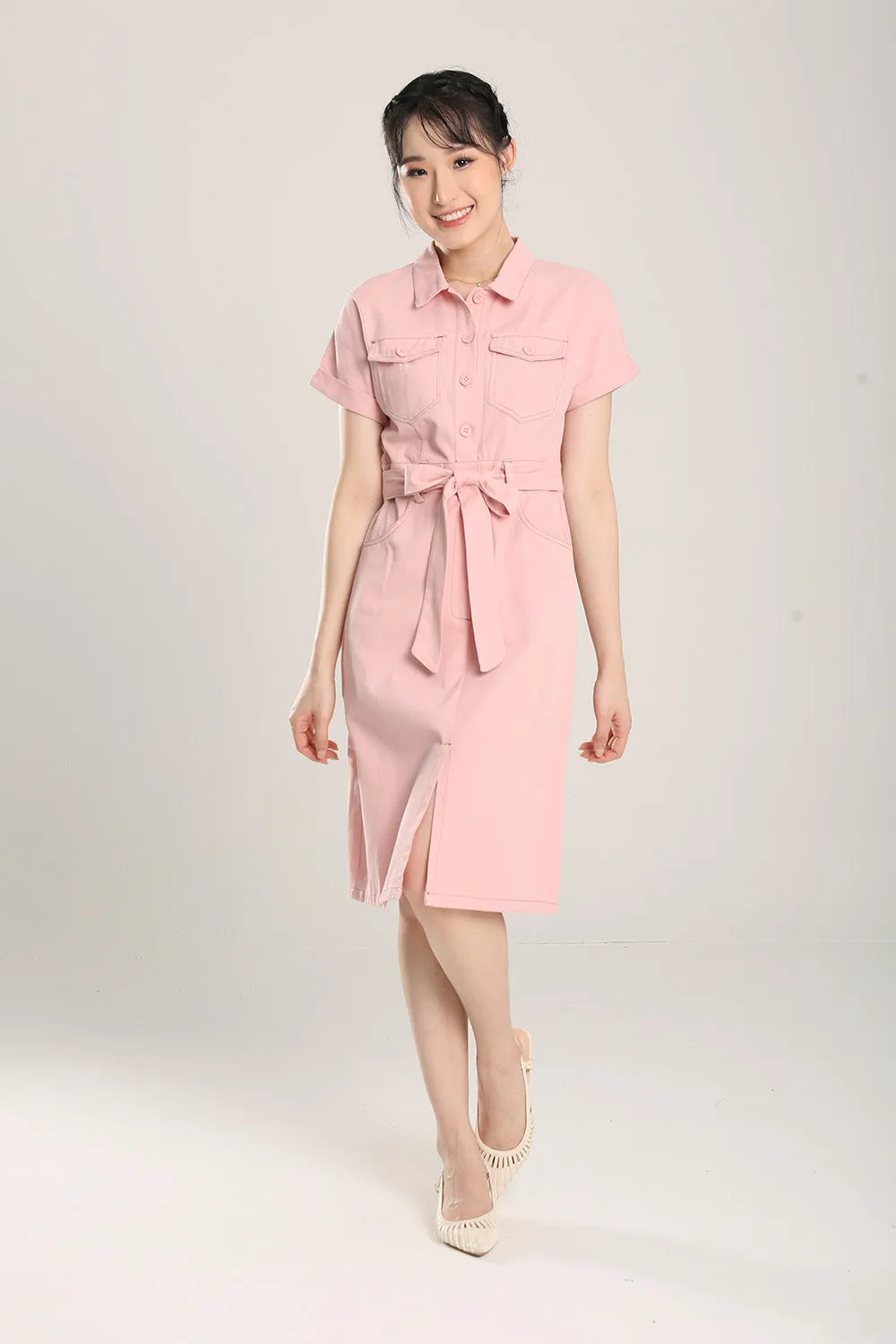 Lisbon Midi Denim Dress in Light Pink