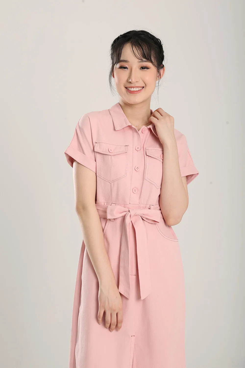 Lisbon Midi Denim Dress in Light Pink
