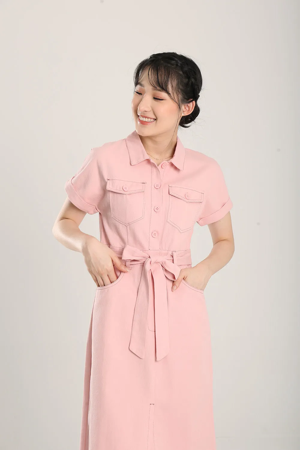 Lisbon Midi Denim Dress in Light Pink