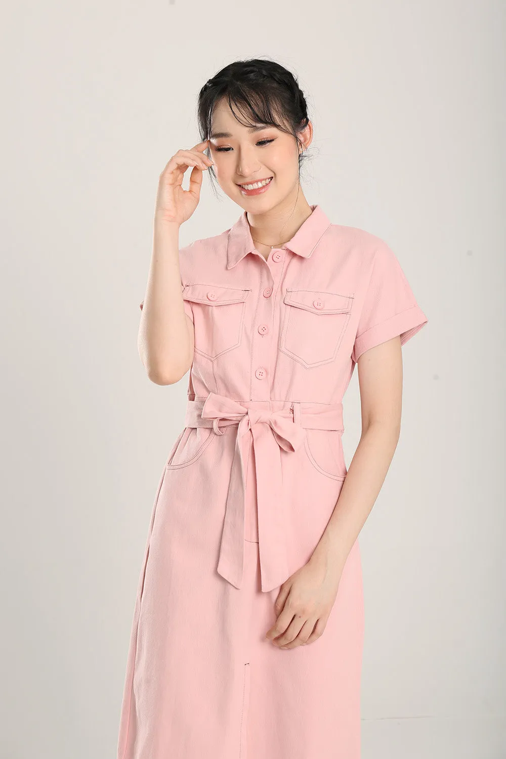 Lisbon Midi Denim Dress in Light Pink