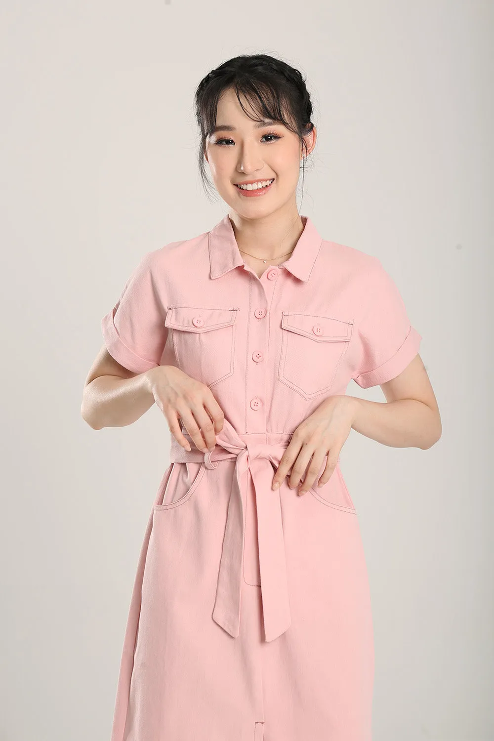 Lisbon Midi Denim Dress in Light Pink
