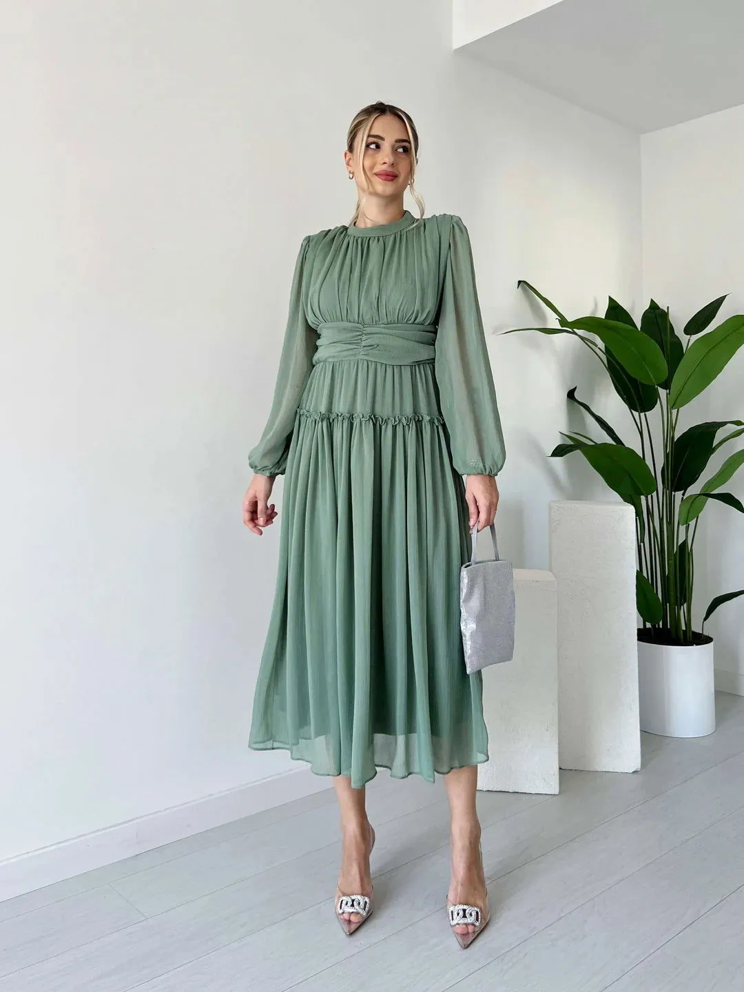 Long Sleeve Lined Chiffon Dress - Green